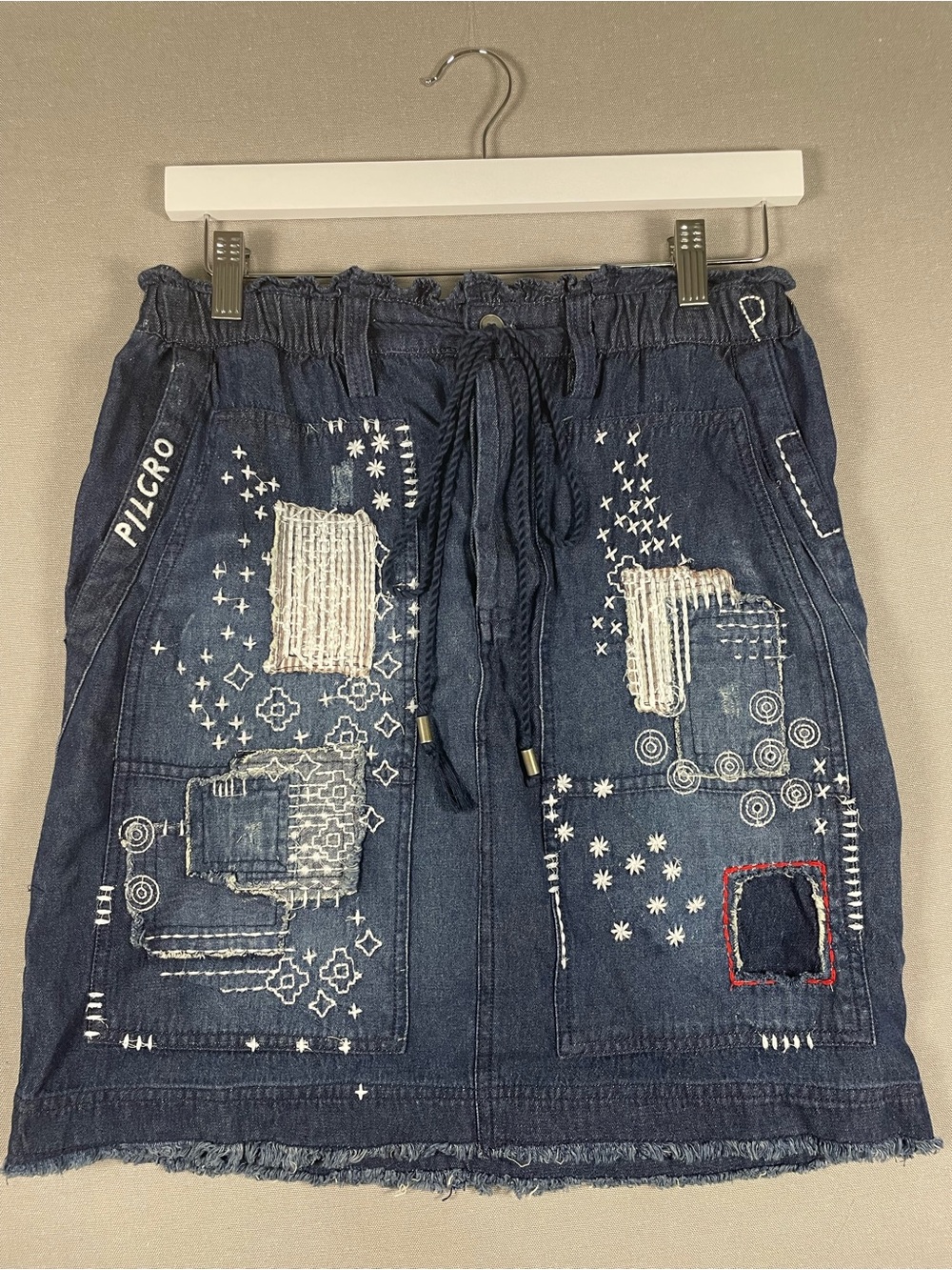 Anthropologie Pilcro Embroidered Patchwork Denim Mini Skirt Paperbag Waist S